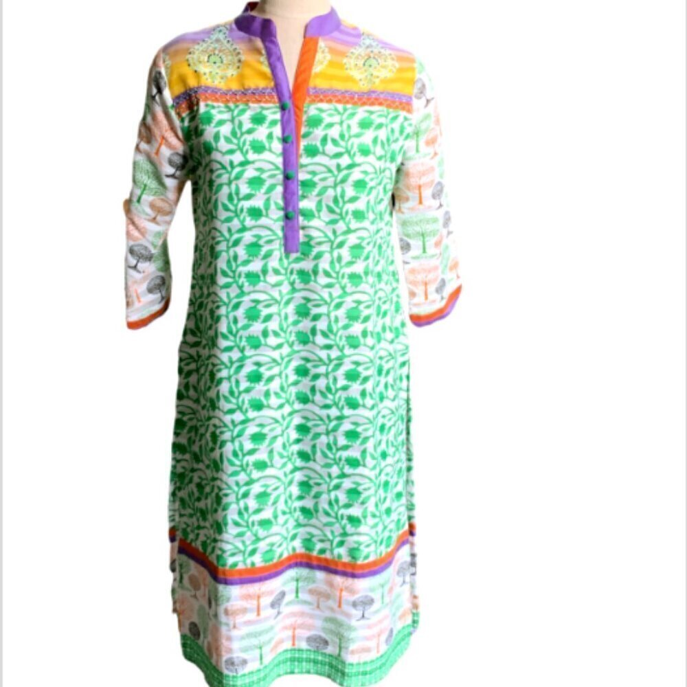 Colorful Mixed Pattern Kurta‎ Tunic/Midi Dress Embroidery Beads Sequins XL #50J